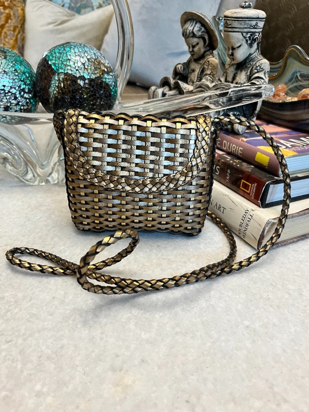 Vintage CEM Woven Braided Leather Metallic Gold Purse Crossbody Shoulder Bag